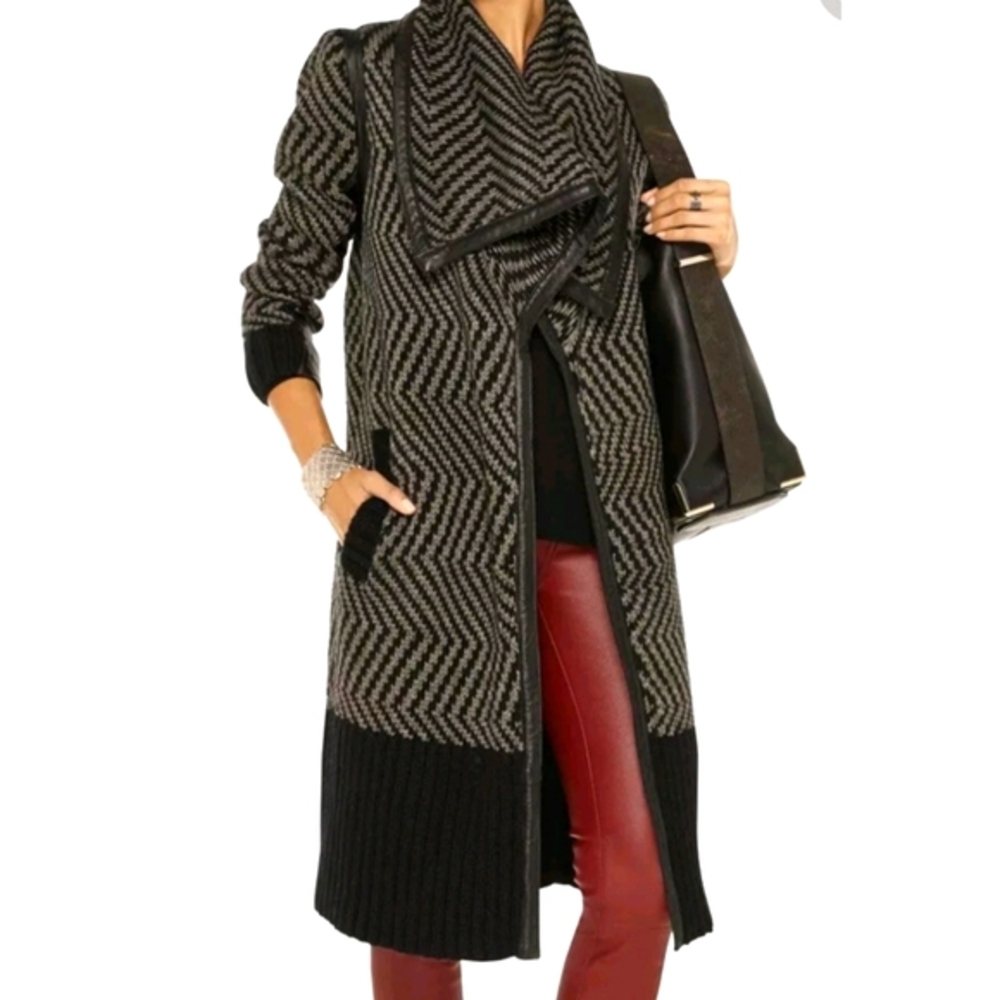Knitted Cardigan Coat With Leather Trim  Chevron Print Size M